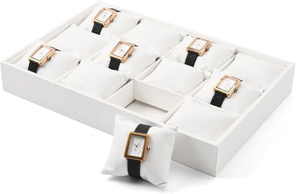Leather Watch Tray 12 Grids Watch Holder Organizer Storage Tray For Men Women(White)