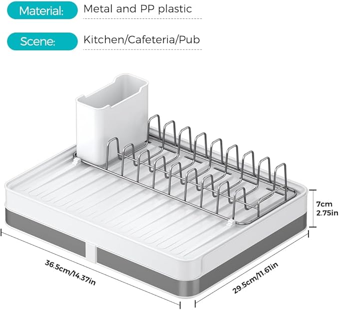 YOJIA Stainless Steel Dish Drying Rack, Extendable Dish Drainer Rack, Drainboard, Detachable Cup Shelf, Rustproof Multifunctional Organizer for Kitchen Counter, Cup Holders, Utensil Holder (14-White)