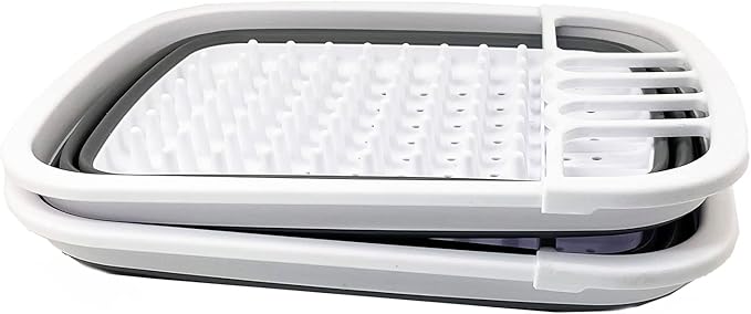 SAMMART 8L (2.11Gallons) Collapsible Dish Drainer - Foldable Drying Rack - Portable Dinnerware Organizer - Space Saving Kitchen Utensil Storage Tray (White/Steel Grey (Set of 2))