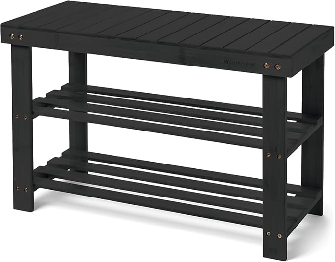 Leaf & Grain Bamboo Shoe Rack - Shoe Storage Bench for Front Door Entrance – Entryway Bench with Shoe Shelf, Shoe Storage Organizer, Wooden Shoe Rack, Durable Shoe Bench for Home (Black)