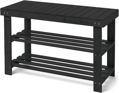 Leaf & Grain Bamboo Shoe Rack - Shoe Storage Bench for Front Door Entrance – Entryway Bench with Shoe Shelf, Shoe Storage Organizer, Wooden Shoe Rack, Durable Shoe Bench for Home (Black)