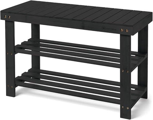 Leaf & Grain Bamboo Shoe Rack - Shoe Storage Bench for Front Door Entrance – Entryway Bench with Shoe Shelf, Shoe Storage Organizer, Wooden Shoe Rack, Durable Shoe Bench for Home (Black)