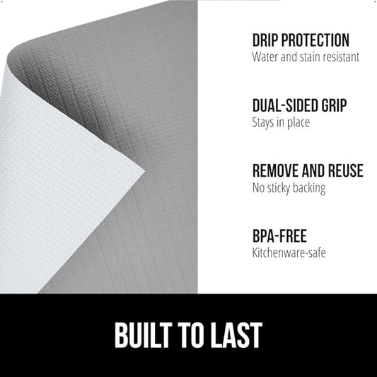 GORILLA GRIP DripGuard Shelf Liner, Non Adhesive Drawer and Kitchen Cabinet Protector, Slip Resistant BPA Free Smooth Surface Plastic Liners for Cabinets, Bathrooms, Closets, 17.5x120 Inch, Gray
