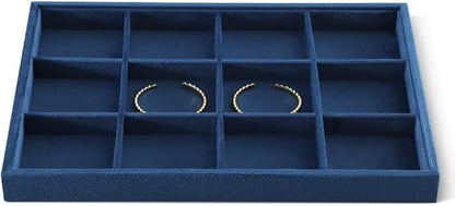 Velvet Stackable Jewelry Display Tray, 12 Grid Watch Bangle Bracelet Storage Tray, Makeup Drawer Insert Jewelry Shop Organizer Plate (Blue)