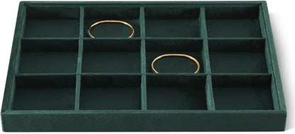 Velvet Stackable Jewelry Display Tray, 12 Grid Watch Bangle Bracelet Storage Tray, Makeup Drawer Insert Jewelry Shop Organizer Plate (Green)