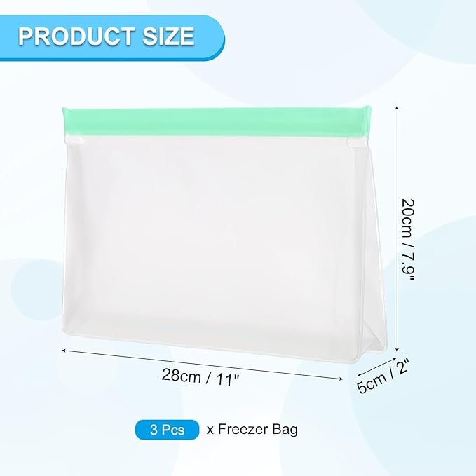 PATIKIL 11"x2"x7.9" Reusable Freezer Bag, 3 Pcs Leakproof Zip Food Storage Stand Up Bags Fridge Snack Vegetable Fruit Ice Container for Long-Lasting Freshness, Green