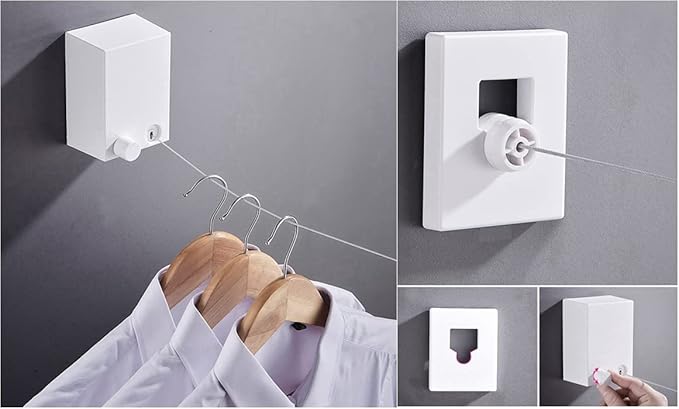 Retractable Clothesline Clothes Line Retracting Outdoor/Indoor, Heavy Duty Stainless Steel Adjustable Drying Rope Wire Dryer with ABS case+Aluminum, Self Adhesive Wall Mount 13.8 Feets Pink