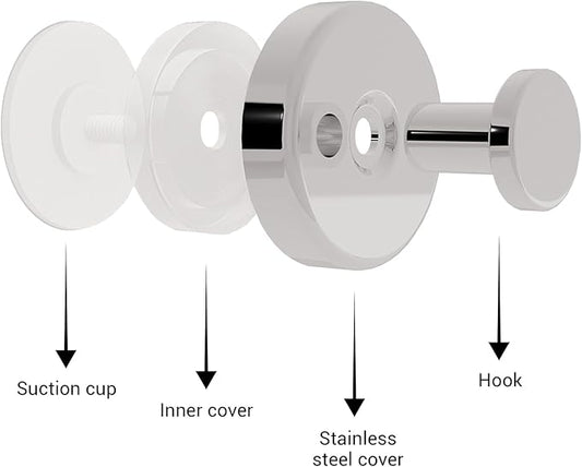 Welsa Suction Cup Hooks for Shower - 4 Pack, Chrome - Stainless Steel, Strong Suction, No Drill, Removable Hanger, Tile Bathroom Kitchen Wall, Glass Door, Mirror Hook Hanging Robe, Towel Holder