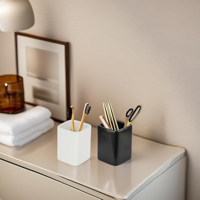Black Ceramic Square Toothbrush Cup – Durable Black Toothbrush Holder for Bathroom, Hotel & Office Desk Storage – Modern Bathroom Countertop Holder for Toothpaste, Razors & Daily Essentials
