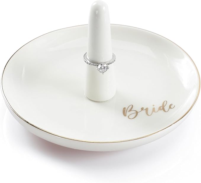 HOME SMILE Ring Holder for Bride-Monogrammed Engagement Gifts for Friends,Birthday Mother's Day Christmas Gifts for Women,Ceramic White