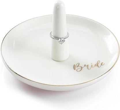 HOME SMILE Ring Holder for Bride-Monogrammed Engagement Gifts for Friends,Birthday Mother's Day Christmas Gifts for Women,Ceramic White