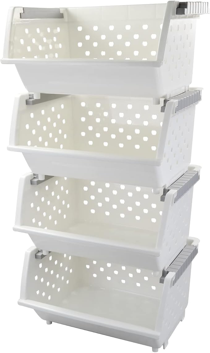 4-Pack Plastic Stackable Storage Basket Organizer, Multi-functional Stacking Basket Bins, White