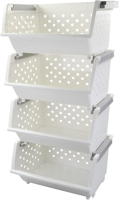 4-Pack Plastic Stackable Storage Basket Organizer, Multi-functional Stacking Basket Bins, White