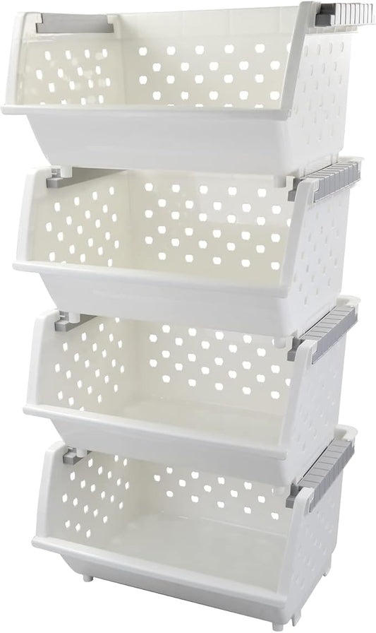 4-Pack Plastic Stackable Storage Basket Organizer, Multi-functional Stacking Basket Bins, White