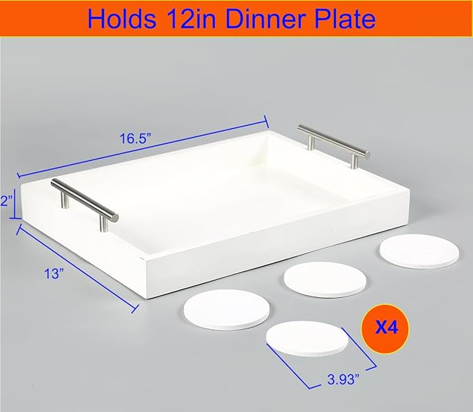 Serving Tray 16.5“X 13“ Deluxe Wooden Ottoman Tray,Coffee Table with Polished Silver Metal Handles-4 Round Coasters Included, White