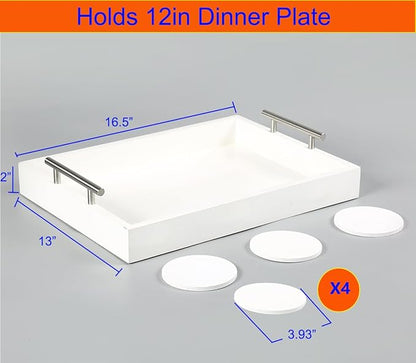 Serving Tray 16.5“X 13“ Deluxe Wooden Ottoman Tray,Coffee Table with Polished Silver Metal Handles-4 Round Coasters Included, White