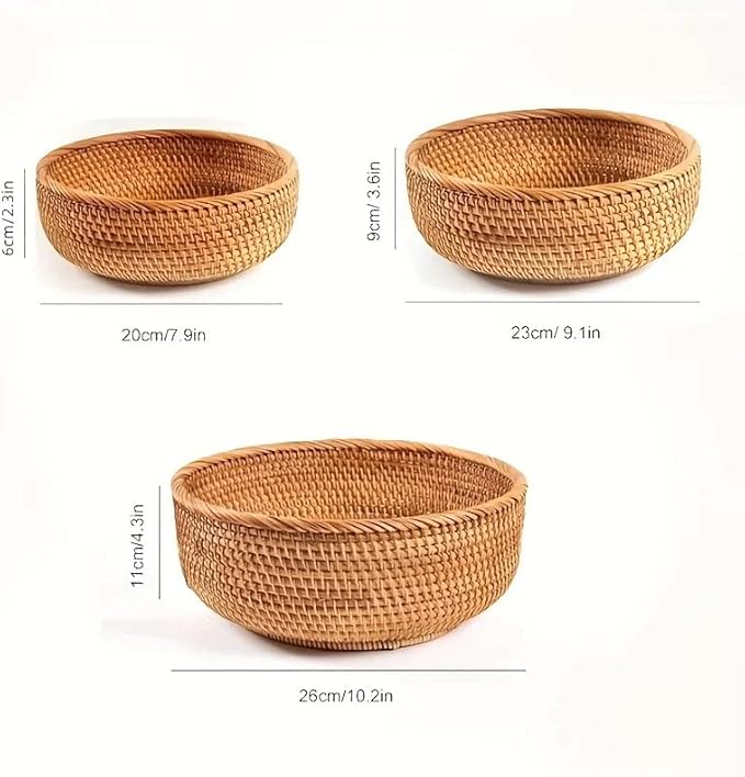 Natural Hand-Woven Rotundish Fruit Basket Wicker Food Tray Woven Storage Rack Vegetable Basket Picnic Tray Organizer (3, S+M+L)