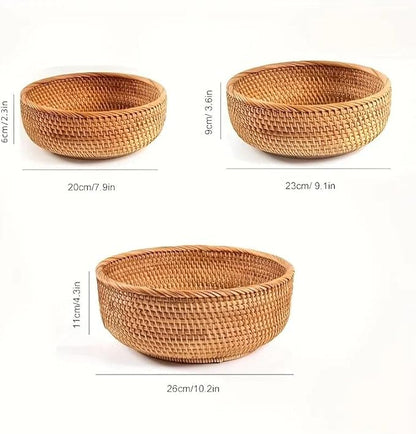 Natural Hand-Woven Rotundish Fruit Basket Wicker Food Tray Woven Storage Rack Vegetable Basket Picnic Tray Organizer (3, S+M+L)