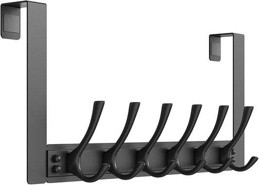 BAKON Over The Door Towel Rack with 6 Hooks, Heavy Duty Over Door Hooks for Hanging Clothes Coat Hat Jacket, Door Hanger Home Organizer for Bathroom Closet Bedroom Kitchen (1, Black)
