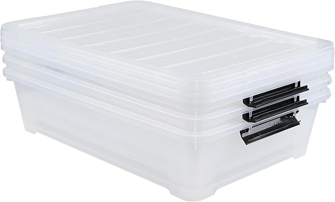 Yesdate 3-Pack 20 Quart Plastic Wheeled Latching Storage Boxes, Stackable Underbed Organizer Bins with Lid, Clear