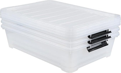 Yesdate 3-Pack 20 Quart Plastic Wheeled Latching Storage Boxes, Stackable Underbed Organizer Bins with Lid, Clear