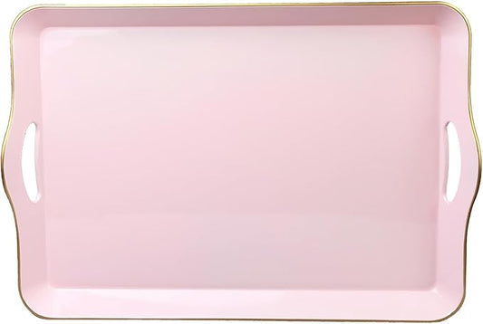 Pink Decorative Tray for Coffee Table with Handles, Plastic Rectangular Serving Tray for Living Room, Bathroom, Outdoors, 11.8"*17.3"