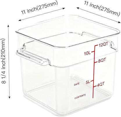TSUBOR 4 Pack Food Storage Containers with Red Lids, 12.0 Qt - Square, Clear, Polycarbonate, for Restaurant Commercial Kitchen and Home party