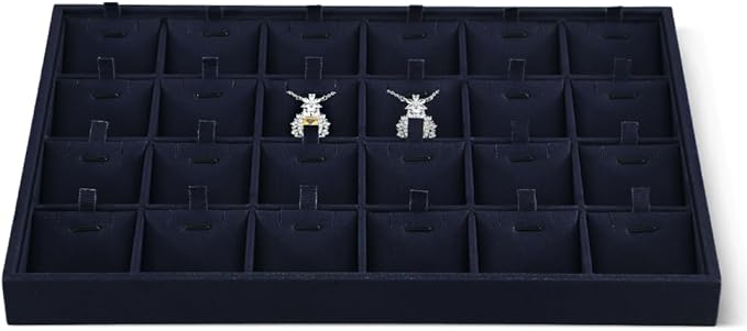 Dansmiy Linen Stackable Necklace Storage Tray, 24 Grid Pendant Display Tray, Jewellery Shop Counter Showcase Table Top Organizers, Makeup Table Drawer Insert Jewelry Tray