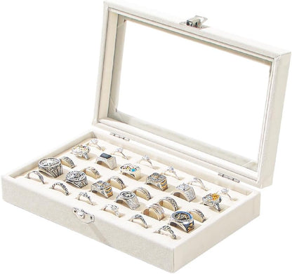 Ring Display Case,Jewelry Ring Organizer Box For Rings,Ring And Earring Holder Box For Girl,Velvet Ring Display Tray (Beige, 30 slots), QF010