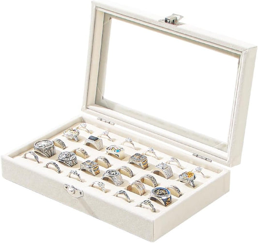Ring Display Case,Jewelry Ring Organizer Box For Rings,Ring And Earring Holder Box For Girl,Velvet Ring Display Tray (Beige, 30 slots), QF010