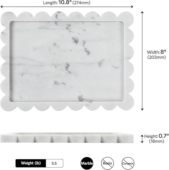 Faticdorr Carrara Natural Marble Scalloped Tray 10.8" x 8", Marble Vanity Tray for Jewelry Trinket Cosmetics Perfume Candle, Luxury Decorative Trays for Bathroom Kitchen Dresser Countertop, White
