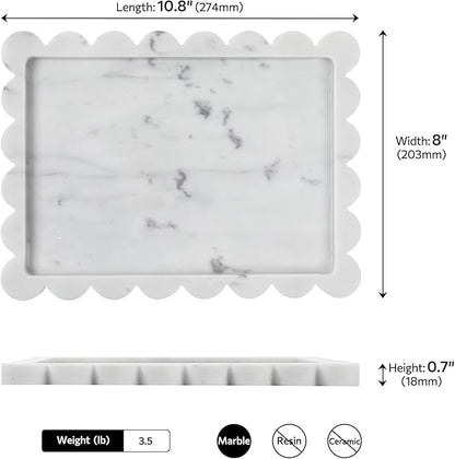 Faticdorr Carrara Natural Marble Scalloped Tray 10.8" x 8", Marble Vanity Tray for Jewelry Trinket Cosmetics Perfume Candle, Luxury Decorative Trays for Bathroom Kitchen Dresser Countertop, White