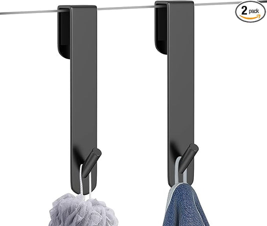 KITHOLD Shower Door Hook, Extended Length Frameless Shower Door Hook (7 Inches), Heavy-Duty Bathrobe Towel Stainless Steel Hook, No Drilling or Adhesive Required, 2-Pack,Black