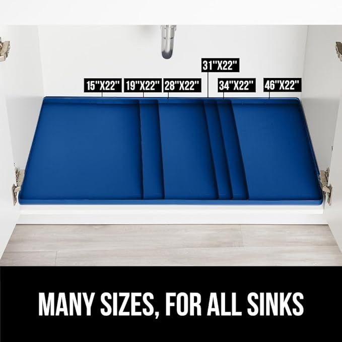 GORILLA GRIP Waterproof Silicone Under Sink Mat with Raised Lip for Kitchen and Bathroom, 46 x 22 in, Cabinet Shelf Liner Stay in Place Mats Dishwasher Safe Drawer Liner, Organizer Tray, Blue