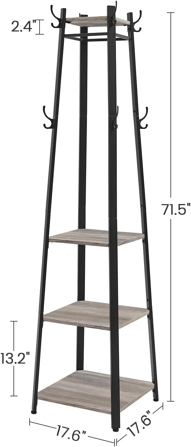 VASAGLE Coat Rack, Coat Stand with 3 Shelves, Hall Tree Free Standing with Hooks for Scarves, Bags, Umbrellas, Steel Frame, Industrial Style, for Entryway, Living Room, Greige and Black ULCR080B02