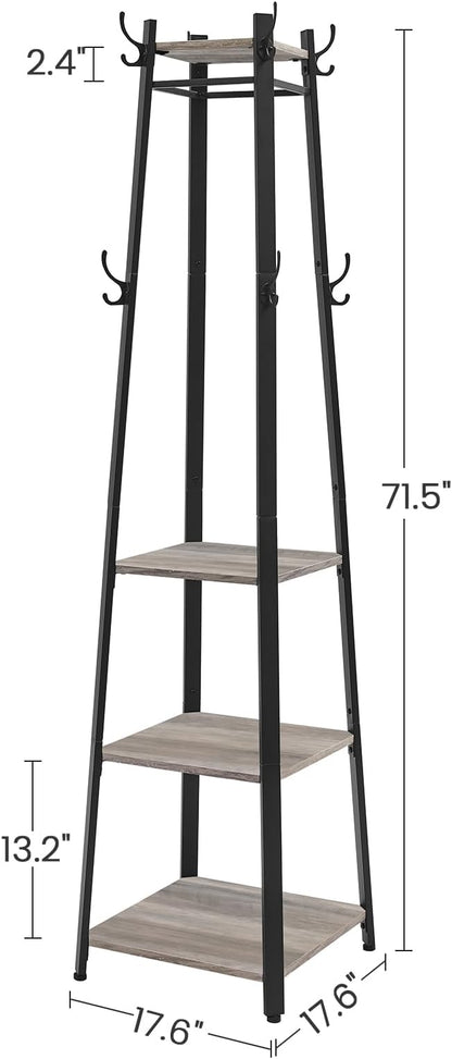 VASAGLE Coat Rack, Coat Stand with 3 Shelves, Hall Tree Free Standing with Hooks for Scarves, Bags, Umbrellas, Steel Frame, Industrial Style, for Entryway, Living Room, Greige and Black ULCR080B02