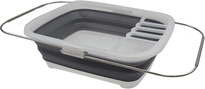 SAMMART 8L (2.11Gallons) Expandable Collapsible Plastic Dish Drainer - Foldable Drying Rack - Portable Dinnerware Organizer - Space Saving Storage Tray for Kitchen, Camping (Transparent/Grey, 1)