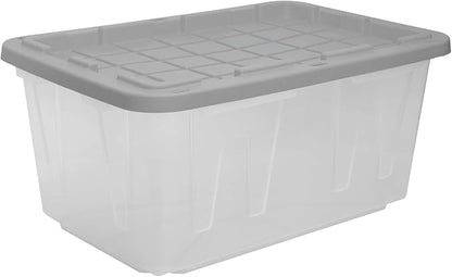 CX BLACK & YELLOW 27-Gallon Heavy Duty Clear Storage Bins with Lids, Stackable Plastic Storage Bins with Weather-Resistant Design, Home Organization, Clear & Grey, 4 Pack (14.3H x 20.6W x 30.6D)