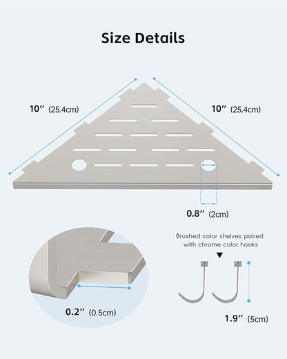 DAYONE 10" Corner Shower Shelf Brushed Nickel, 304 Stainless Steel Slot Design Recessed Corner Shelves with 2 Hooks and 4 Holes, for Bathroom Shower Kitchen 2 Pack