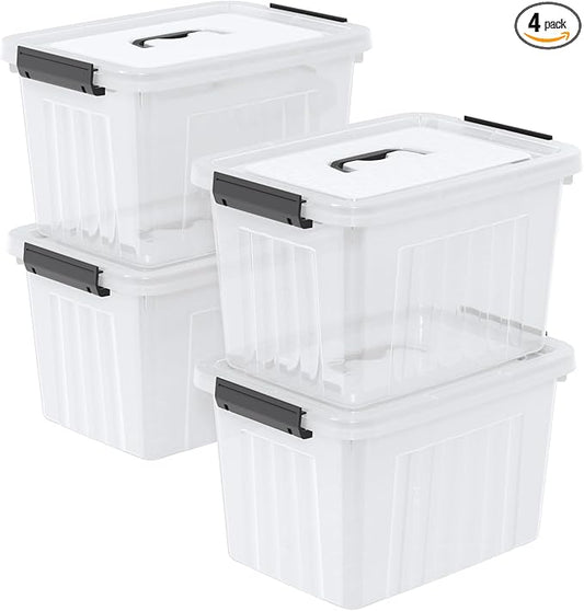 18 L 4 Packs Plastic Storage Bins with latching Lids and Handles, Clear Stackable Container Boxes