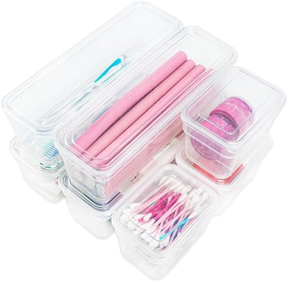 AB Designs Best Kept Plastic Storage Bins with Lids - Mixed Pack, 4 Long & 4 Small Home Organizer Storage Boxes with Lids, Clear