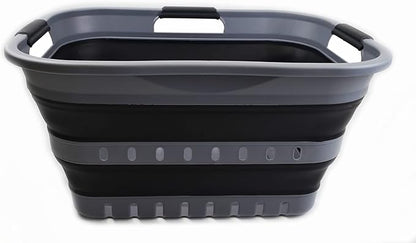 SAMMART 30L (8 Gallon) Collapsible 3 Handled Plastic Laundry Basket - Foldable Pop Up Storage Container/Organizer - Space Saving Hamper/Basket (Grey/Black)