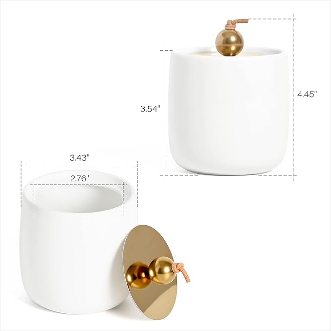 2 Pack Ceramic Qtip Holder Dispenser with Gold Lids, White Apothecary Jars Bathroom Vanity Organizer for Home Decor - Bathroom Canister for Cotton Swabs, Rounds, Balls, Makeup Sponges, Bath Salts