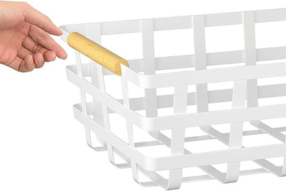 Farmhouse Baskets Pantry Storage Baskets, 2 Packs Metal Wire Food Organizer Storage Bin Basket Wood Handles for Kitchen Cabinets Shelf Pantry,White