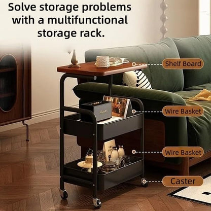 3Tier Rolling Cart - Metal Utility Cart with Wheels, Heavy Duty Mesh Rolling Storage Cart Organizer for Kitchen Office Bedroom Living Room Slide Table (Black)