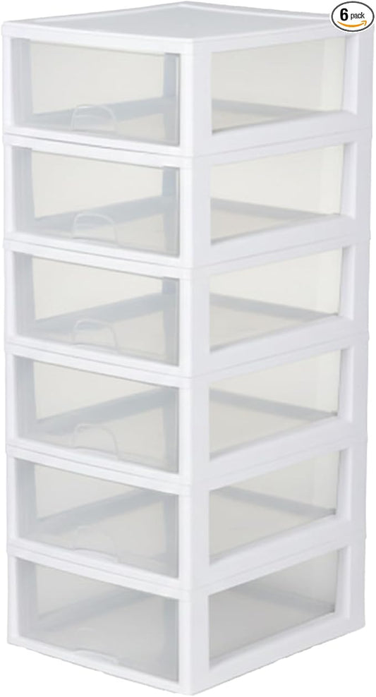 Sterilite 6-Pack 16 Quart Stacking Drawer, Clear Storage Closet Organizer, White Frame - Stackable Modular Plastic Drawers for Clothes, Accessories, Craft Supplies, Shoes or Linens