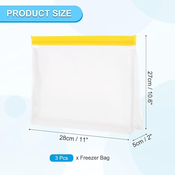 PATIKIL 11"x2"x10.6" Reusable Freezer Bag, 3 Pcs Leakproof Zip Food Storage Stand Up Bags Fridge Snack Vegetable Fruit Ice Container for Long-Lasting Freshness, Yellow