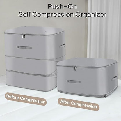 Space Saving Self Compression Organizer,Compression Storage Bags for Bedding and travel,Storage bags for Blankets Duvet Quilts Pillows, Comforter Storage with zippered ventilation holes（Grey XL）