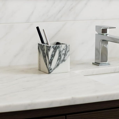 Marble Toothbrush Holder – 4.1" Genuine Stone Bathroom Cup for Makeup Brushes, Pens & Utensils | Natural Marble Organizer for Vanity, Countertop & Home Décor (Arabescato White & Grey)
