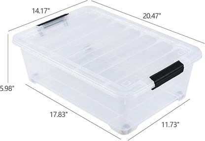 Hommp 20 Quart Under Bed Plastic Storage Bins, 4-Pack Clear Under Bed Storage Box with Wheels
